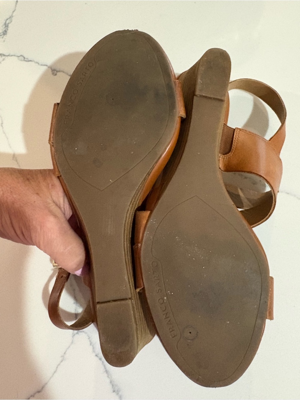 Franco Sarto Women's Tan Strappy Buckle Wedge Sandals - Picture 3 of 4